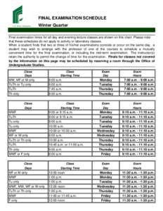 FINAL EXAMINATION SCHEDULE Winter Quarter Final examination times for all day and evening lecture classes are shown on this chart. Please note that these schedules do not apply to activity or laboratory classes. When a s