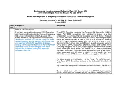 Environmental Impact Assessment Ordinance (Cap. 499), Section 6(3) Environmental Impact Assessment Report No. ESB[removed]Project Title: Expansion of Hong Kong International Airport into a Three-Runway System Questions 