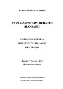 PARLIAMENT OF VICTORIA  PARLIAMENTARY DEBATES (HANSARD)  LEGISLATIVE ASSEMBLY