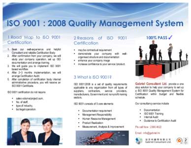 ISO 9001 : 2008 Quality Management System 1 Road Map to ISO 9001 Certification 1. Seek our well-experience and helpful Consultant and reliable Certification Body 2. After confirmation from your company, we will