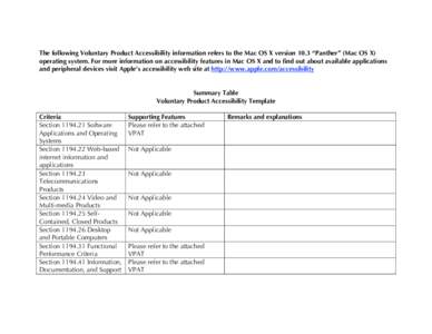 The following Voluntary Product Accessibility information refers to the Mac OS X version 10.3 “Panther” (Mac OS X) operating system. For more information on accessibility features in Mac OS X and to find out about av