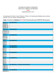 SAN DIEGO PLANNING COMMISSION TENTATIVE SCHEDULE OF MEETINGS 2014 Updated December 9, 2013