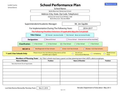 School Performance Plan  Lander County School District  Resource Link