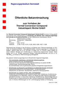 Regierungspräsidium Darmstadt  Öffentliche Bekanntmachung zum Vorhaben der Thermal Conversion Compound Industriepark Höchst GmbH