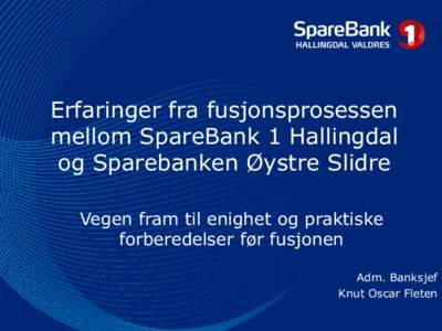 Erfaringer fra fusjonsprosessen mellom SpareBank 1 Hallingdal og Sparebanken Øystre Slidre Vegen fram til enighet og praktiske forberedelser før fusjonen Adm. Banksjef