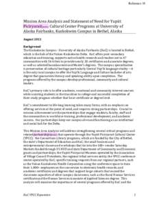 Reference 19  Mission Area Analysis and Statement of Need for Yupiit Piciryarait[KAD1] Cultural Center Programs at University of Alaska Fairbanks, Kuskokwim Campus in Bethel, Alaska August 2013