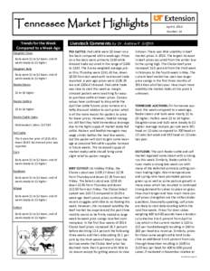 Tennessee Market Highlights Trends for the Week Compared to a Week Ago Slaughter Cows Early week $1 to $2 lower, end of week steady to $1 higher