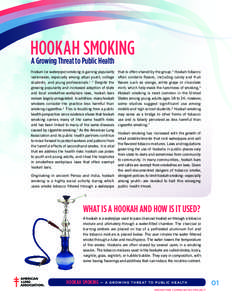 Hookah Smoking A Growing Threat to Public Health Hookah (or waterpipe) smoking is gaining popularity nationwide, especially among urban youth, college students, and young professionals.1, 2 Despite the