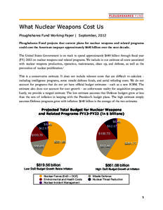 What Nuclear Weapons Cost Us Ploughshares Fund Working Paper | September, 2012 Ploughshares Fund projects that current plans for nuclear weapons and related programs could cost the American taxpayer approximately $640 bi