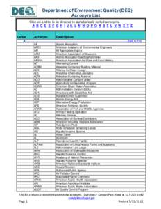 Department of Environment Quality (DEQ) Acronym List Click on a letter to be directed to alphabetically sorted acronyms. A B C D E F G H I J K L M N O P Q R S T U V W X Y Z  Letter