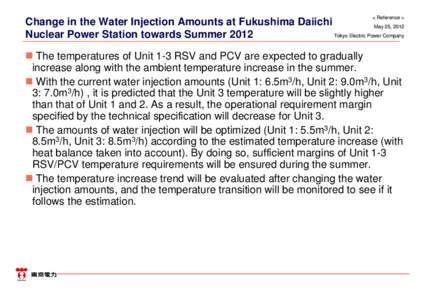 < Reference >  Change in the Water Injection Amounts at Fukushima Daiichi May 25, 2012 Tokyo Electric Power Company Nuclear Power Station towards Summer 2012