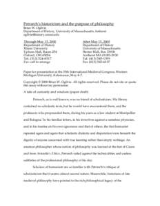 Petrarch’s historicism and the purpose of philosophy Brian W. Ogilvie Department of History, University of Massachusetts Amherst  Through May 15, 2000 Department of History