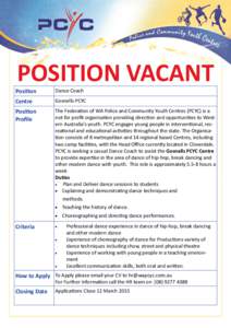 POSITION VACANT Position Dance Coach  Centre