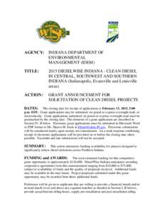 AGENCY:  INDIANA DEPARTMENT OF ENVIRONMENTAL MANAGEMENT (IDEM)