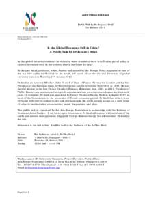 ASEF PRESS RELEASE Public Talk by Dr Jacques Attali 05 January 2011 Press release no.: 101125_PR1029 05 January 2011