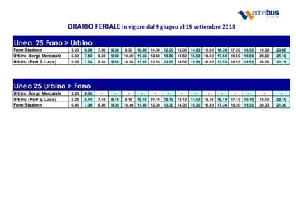 ORARIO FERIALE in vigore dal 9 giugno al 15 settembre 2018 Linea 25 Fano > Urbino Fano Stazione Urbino Borgo Mercatale Urbino (Park S.Lucia)