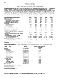 82  IRON AND STEEL1 (Data in million metric tons of metal unless otherwise noted) Domestic Production and Use: The iron and steel industry and ferrous foundries produced goods in 2008 that were valued at about $117 billi