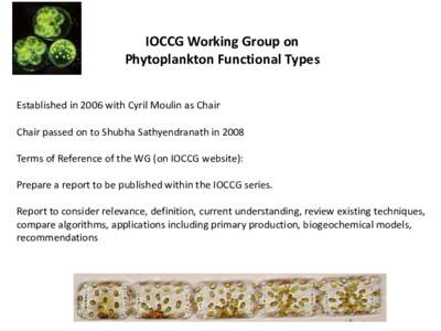 IOCCG Working Group on Phytoplankton Functional Types Established in 2006 with Cyril Moulin as Chair Chair passed on to Shubha Sathyendranath in 2008 Terms of Reference of the WG (on IOCCG website): Prepare a report to b