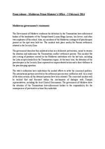 Press release – Moldovan Prime Minister’s Office – 5 February[removed]Moldovan government’s statement The Government of Moldova condemns the detention by the Transnistrian law-enforcement bodies of the headmaster o