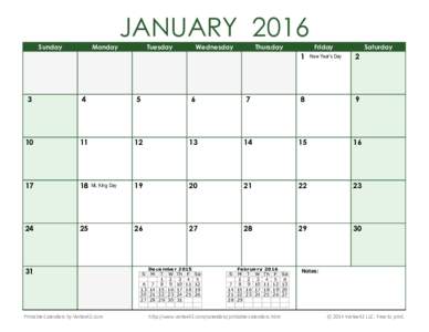 Printable 2016 Monthly Calendar with Holidays