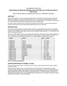 PharmaSUG[removed]Paper CC34  Determining and Reporting Significant Decimal Places for Continuous Data in Mixed Form Gary E. Moore, Moore Computing Services, Inc., Little Rock, Arkansas ABSTRACT