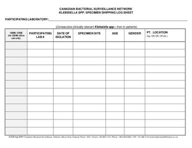 CANADIAN BACTERIAL SURVEILLANCE NETWORK KLEBSIELLA SPP. SPECIMEN SHIPPING LOG SHEET PARTICIPATING LABORATORY:_______________________________________________________________________________________ (Consecutive clinically