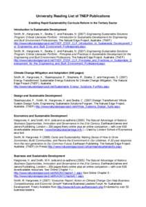 University Reading List of TNEP Publications Enabling Rapid Sustainability Curricula Reform in the Tertiary Sector Introduction to Sustainable Development Smith, M., Hargroves, K., Desha, C. and Palousis, N[removed]Engin