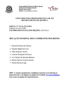 Universidade Federal de Minas Gerais Instituto de Ciências Exatas Núcleo Giz do ICEx Email:   CONCURSO PARA PROFESSOR TITULAR DO