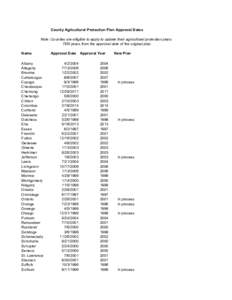 County Agricultural Protection Plan Approval Dates Note: Counties are elligible to apply to update their agricultural protection plans TEN years from the approval date of the original plan Name Albany Allegany