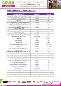 SIMA ASEAN Thailand 2016 Exhibitors list Company Name Country  Booth