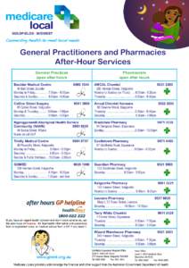 General Practitioners and Pharmacies After-Hour Services General Practices open after hours  Pharmacists