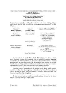 ELECTORAL PROCEDURE (VILLAGE REPRESENTATIVE ELECTION) REGULATION (Cap. 541 sub. leg. L) (Section 6 of the Regulation) NOTICE OF VILLAGE BY-ELECTION RESIDENT REPRESENTATIVE DATE OF BY-ELECTION : 31 May 2009