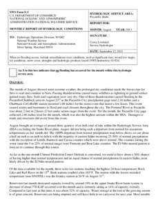 NWS Form E-5 U.S. DEPARTMENT OF COMMERCE NATIONAL OCEANIC AND ATMOSPHERIC ADMINISTRATION NATIONAL WEATHER SERVICE MONTHLY REPORT OF HYDROLOGIC CONDITIONS TO: Hydrologic Operations Division, W/OH2