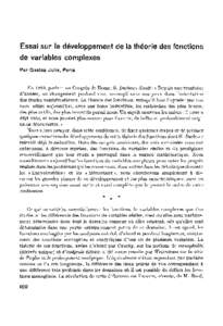 Essai sur le développement de la théorie des fonctions de variables complexes Par Gaston Julia, Paris