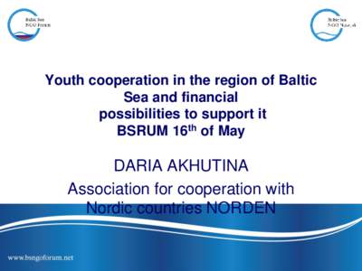 Youth cooperation in the region of Baltic Sea and financial possibilities to support it BSRUM 16th of May  DARIA AKHUTINA