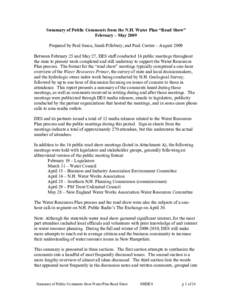 Summary of Public Comments from the N.H. Water Plan “Road Show” February – May 2009 Prepared by Paul Susca, Sarah Pillsbury, and Paul Currier – August 2009 Between February 25 and May 27, DES staff conducted 16 p