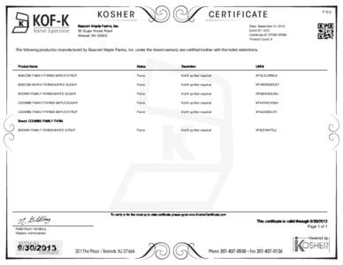 KOSHER  KOF-K C E R T I F I C AT E Date: September 21, 2012