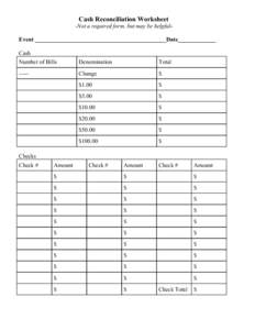 Cash Reconciliation Worksheet -Not a required form, but may be helpfulEvent _____________________________________________Date_____________ Cash Number of Bills  Denomination