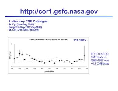 http://cor1.gsfc.nasa.gov Preliminary CME Catalogue St. Cyr (Jan-Aug[removed]Hong Xie (Sep 2007-Sep2008) St. Cyr (Oct 2008-Jan2009)