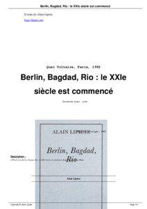 Berlin, Bagdad, Rio : le XXIe siècle est commencé Extrait du Alain Lipietz http://lipietz.net