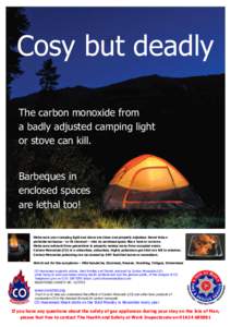 Cosy but deadly The carbon monoxide from a badly adjusted camping light or stove can kill. Barbeques in enclosed spaces