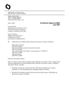 O Comptroller of the Currency Administrator of National Banks Western District Office 1225 17th Street, Suite 300 Denver, Colorado 80202