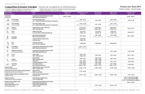 VANCOUVER 2014 Competition & Events Schedule Horaire de compétition et d’évènements l Denotes medal presentation at venue during session l Indique cérémonies de remise de médailles au lieu lors de la sessio