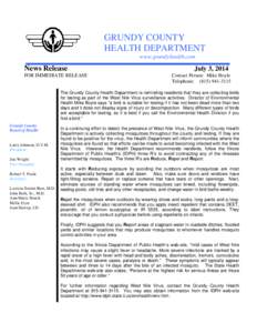 GRUNDY COUNTY HEALTH DEPARTMENT www.grundyhealth.com News Release FOR IMMEDIATE RELEASE