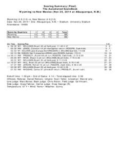 Scoring Summary (Final) The Automated ScoreBook Wyoming vs New Mexico (Nov 29, 2014 at Albuquerque, N.M.) Wyoming (4-8,2-6) vs. New Mexico (4-8,2-6) Date: Nov 29, 2014 • Site: Albuquerque, N.M. • Stadium: University 