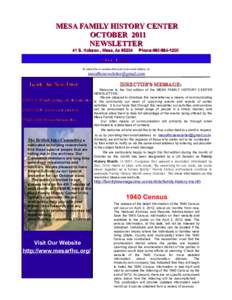 MESA FAMILY HISTORY CENTER OCTOBER 2011 NEWSLETTER 41 S. Hobson , Mesa, AzPhone: