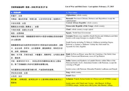 交战和危险地带一览表 –  年 02 月 27 日 A. 交战地带: 交战地带:  阿富汗：全国