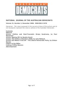 NATIONAL JOURNAL OF THE AUSTRALIAN DEMOCRATS Volume 31, Number 2, DecemberISSNDisclaimer: The views expressed in this journal as those of the authors and do not necessarily represent the views or polici