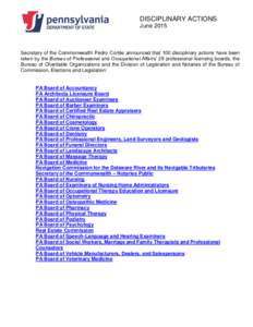 DISCIPLINARY ACTIONS June 2015 Secretary of the Commonwealth Pedro Cortés announced that 100 disciplinary actions have been taken by the Bureau of Professional and Occupational Affairs’ 29 professional licensing board