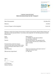 COMPANY ANNOUNCEMENT Malta International Airport plc (the “Company”) Date of Announcement  22nd May 2013